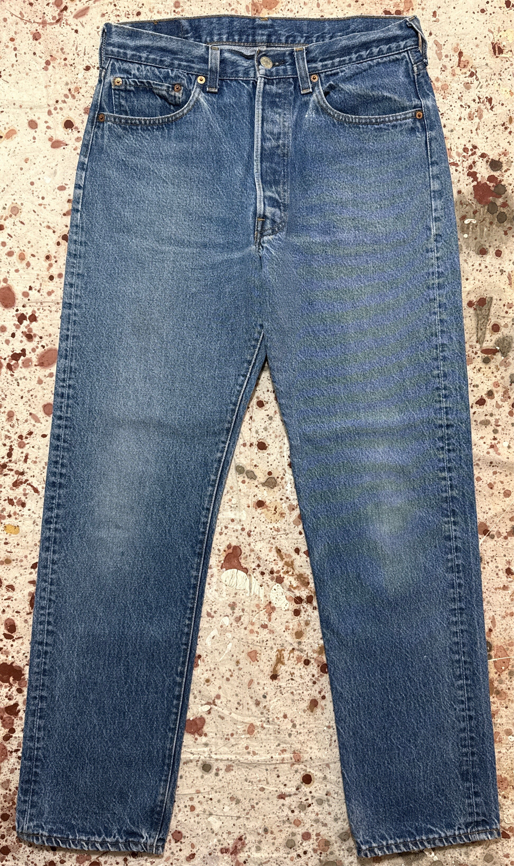 Vintage Levi USA made 501 Transitional Tag, Black Bar Tac Pockets, Super Wash, Tracks, Denim Jeans (JYJ-12725)
