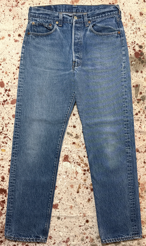 Vintage Levi USA made 501 Transitional Tag, Black Bar Tac Pockets, Super Wash, Tracks, Denim Jeans (JYJ-12725)