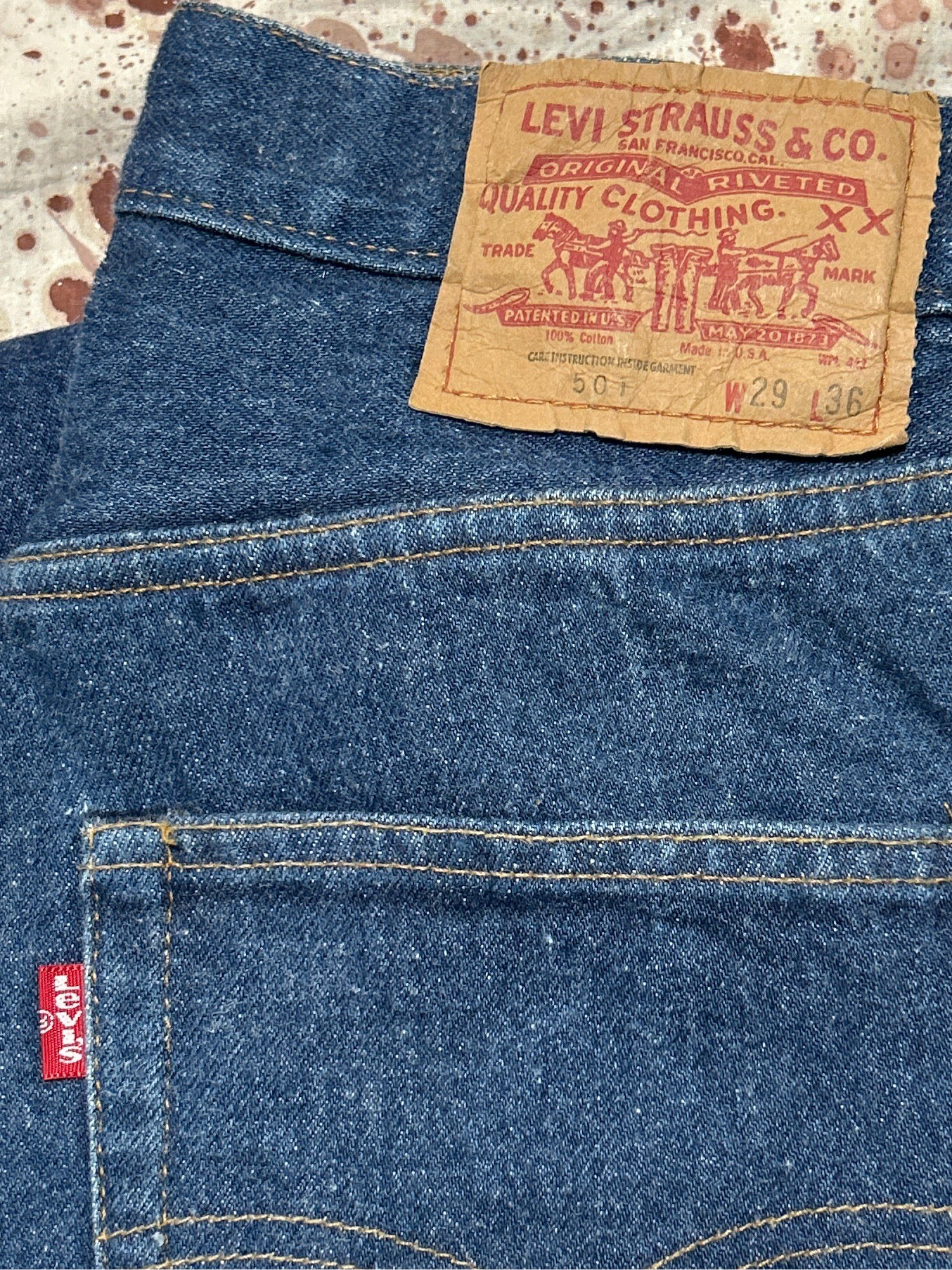 Vintage Levi USA made 501 Transitional Tag Black Bar Tac Pockets, One Wash Denim Jeans (JYJ-1725)
