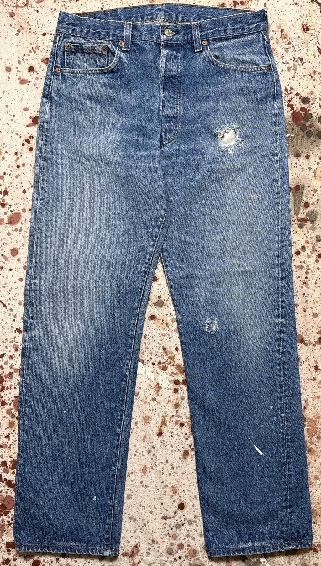 Vintage USA made Levis 501, Black Bar Tac, Super Wash, w/ Paint, Denim Jeans (JYJ-06825)