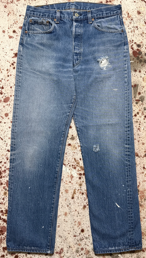 Vintage USA made Levis 501, Black Bar Tac, Super Wash, w/ Paint, Denim Jeans (JYJ-06825)