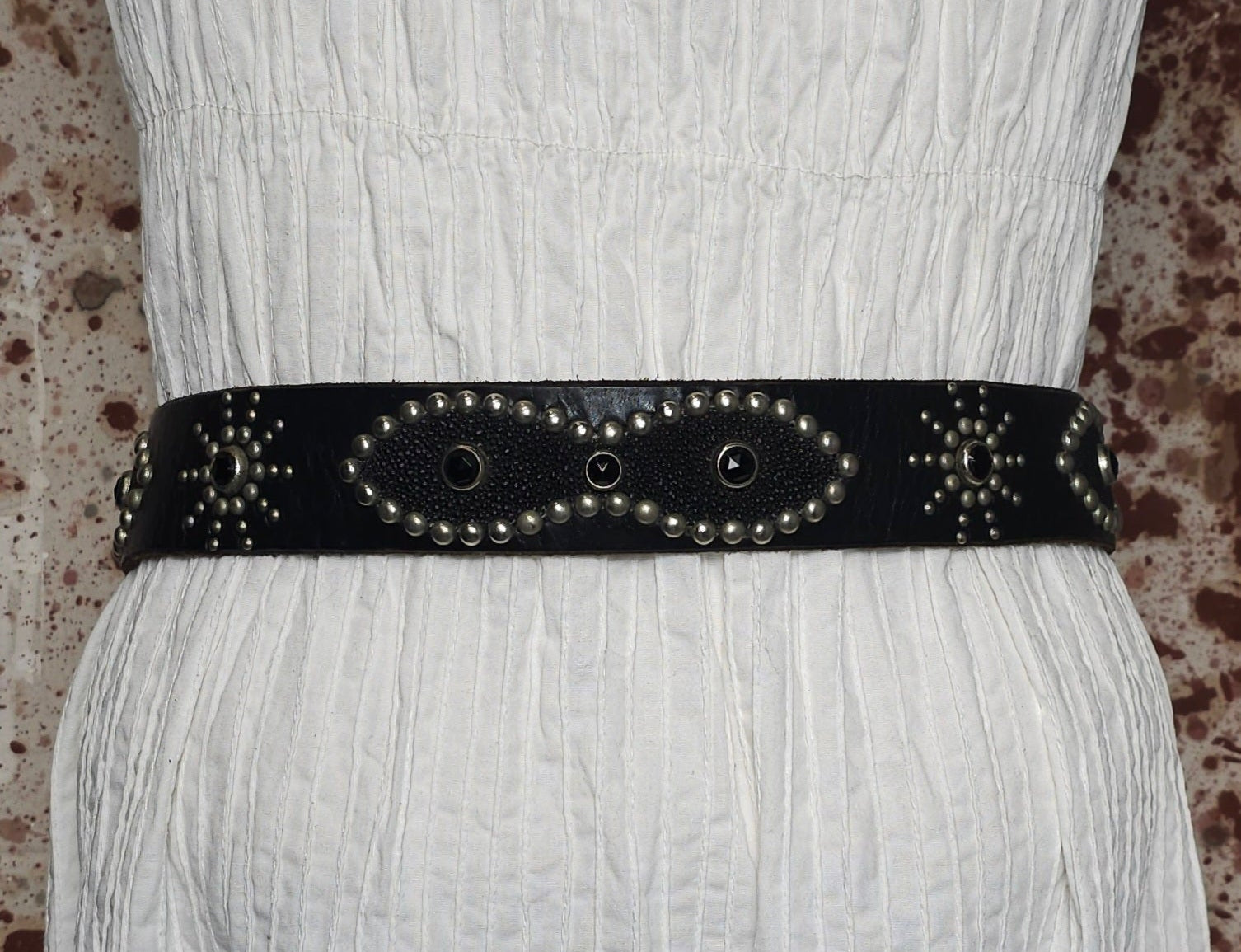 Vintage 31"-34.5" Black on Black Custom Studded Leather and Stingray Belt (JYJ0325-428)