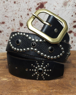Vintage 31"-34.5" Black on Black Custom Studded Leather and Stingray Belt (JYJ0325-428)